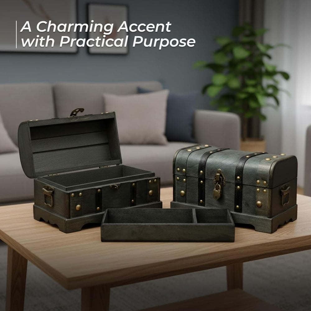 Wooden Treasure Chest Box with Tray, Lockable Keepsake Trunk, 11.8x7x7 in