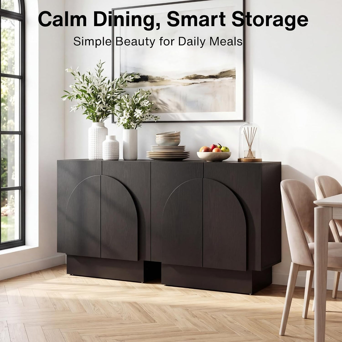Ya-Home Black Sideboard Buffet Cabinet with Storage, 31.5” Modern Sideboard Cabinet with Arched Doors & Shelf, Farmhouse Accent TV Station Media Console Credenaza for Living Room Entryway