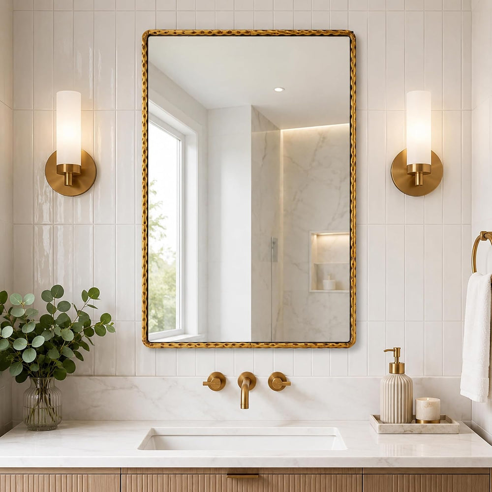 24"x36" Hammered Antique Gold Bathroom Mirror, Rounded Rectangle