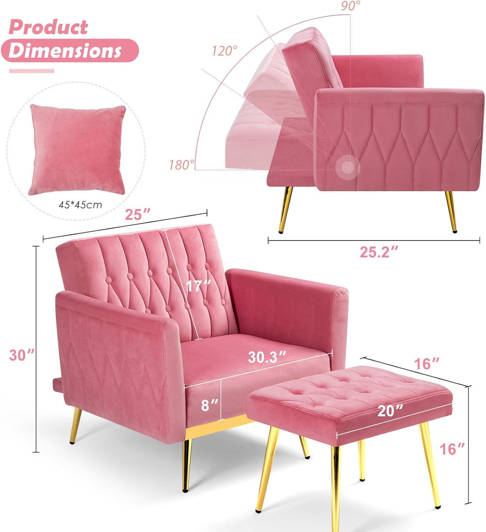 Velvet Accent Chair w/Adjustable Backrest & Armrests, Pink