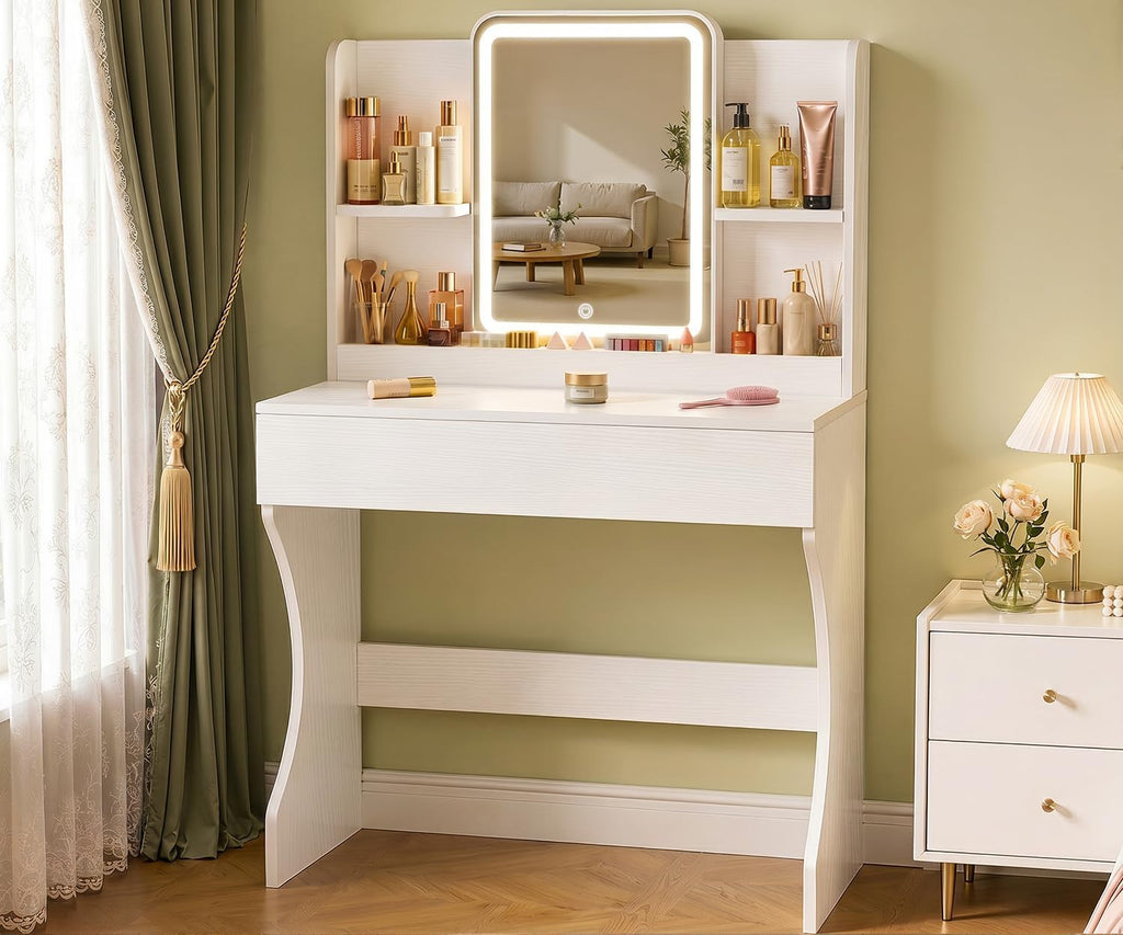 White Small Vanity Desk with Mirror and 3 Adjustable Light Modes | Dimmable Lighting, Multi Storage Area, Quick Assembly, CARB P2 Certified Material