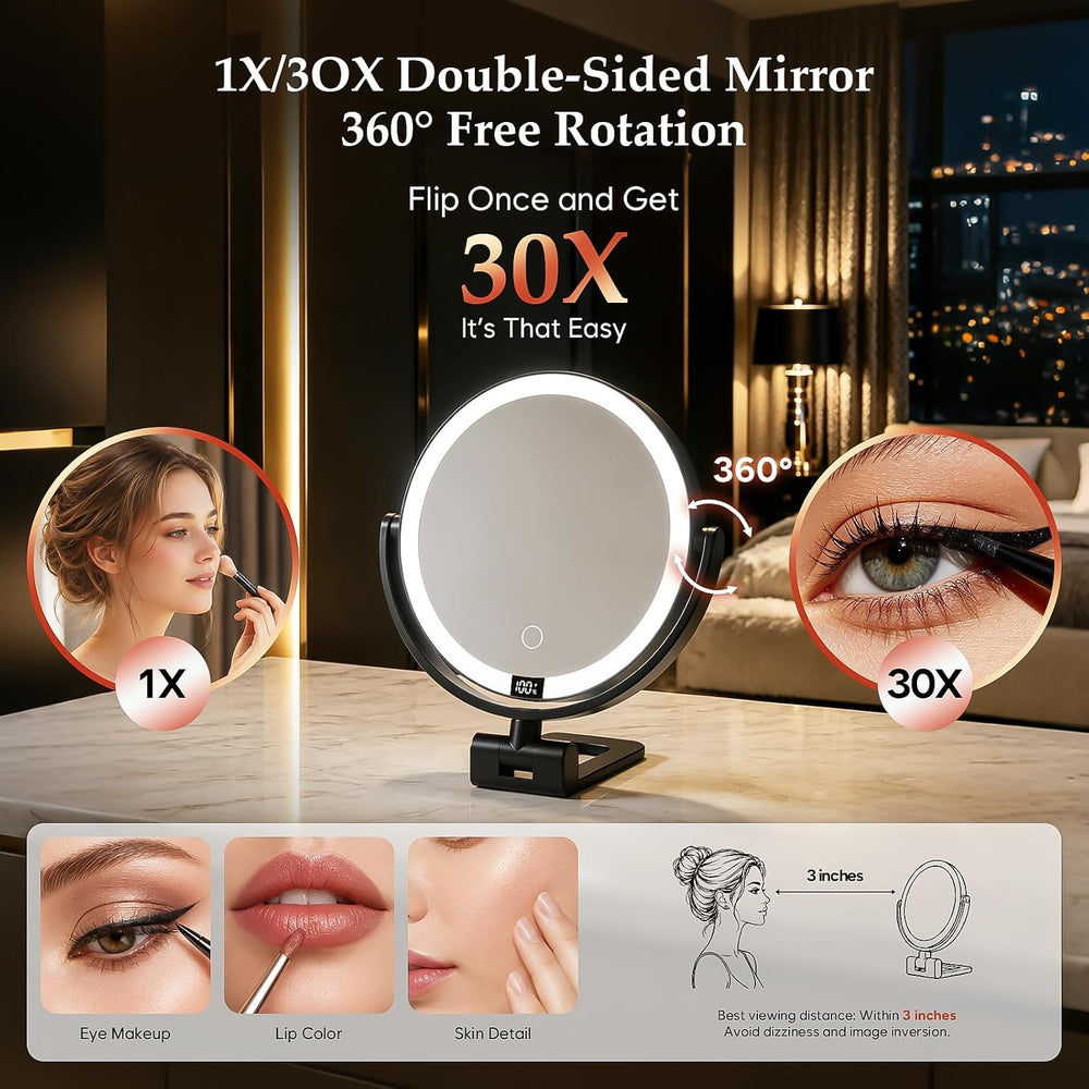 1X/30X Makeup Mirror with Lights, Magnifying Mirror (Black)