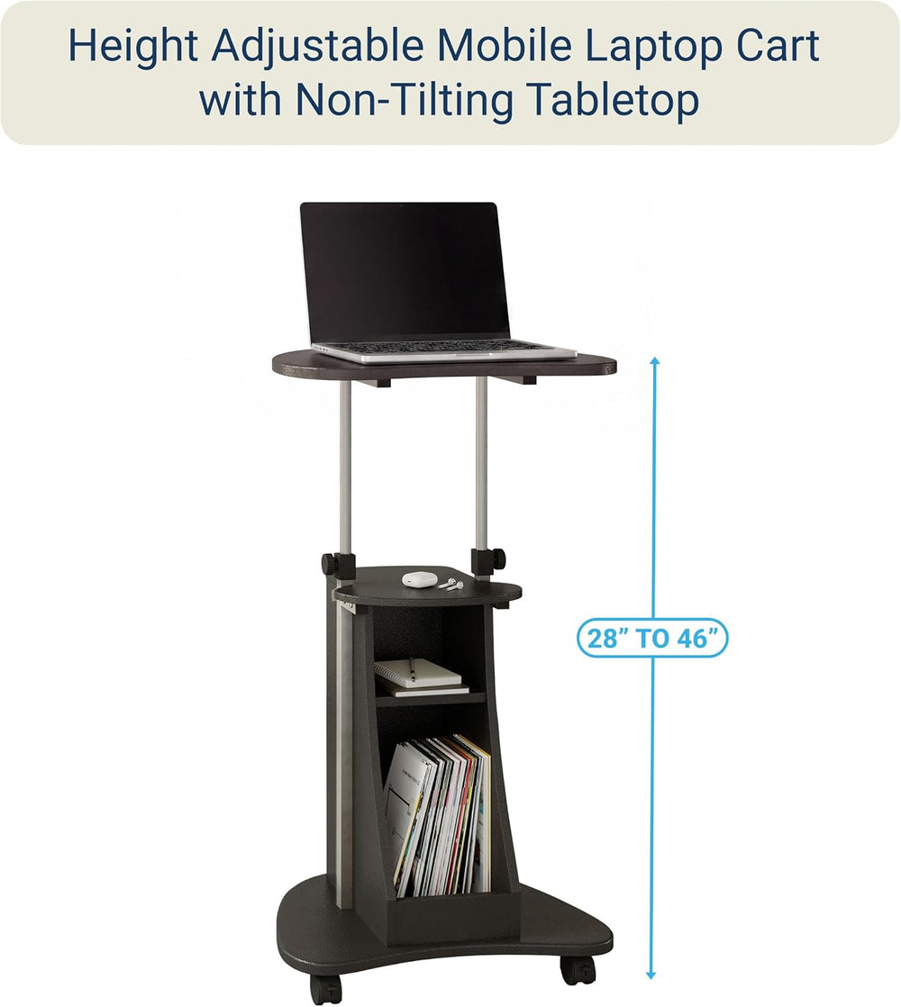 Techni Mobili Adjustable Height Rolling Laptop Cart with Storage, Graphite