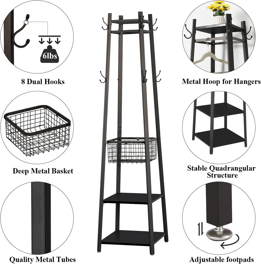 VECELO Coat Rack Freestanding,Hall Tree with Metal Basket and Storage Shelves...