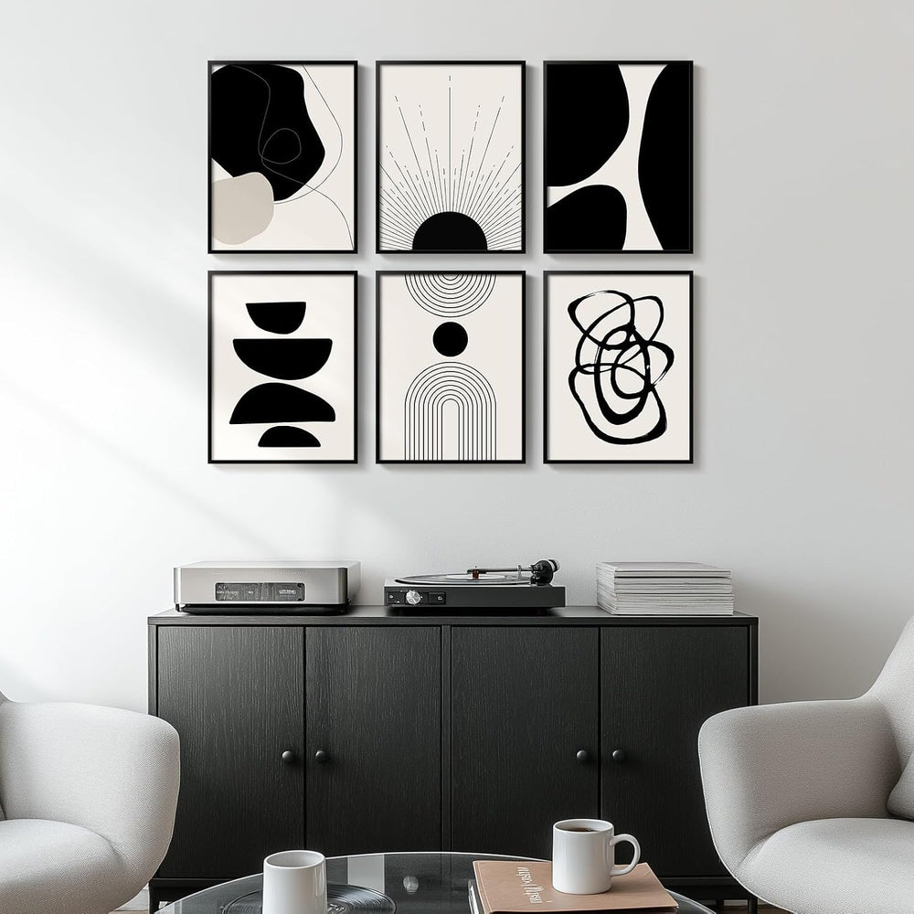 Framed Black and White Modern Abstract Wall Art for Living Room, 6 Pieces
