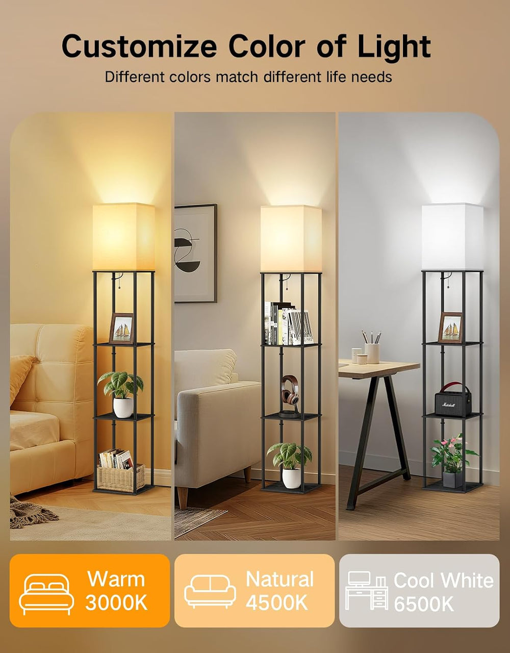 OUTON Floor Lamp with Shelves, Modern Square Standing Shelf Lamp, Black