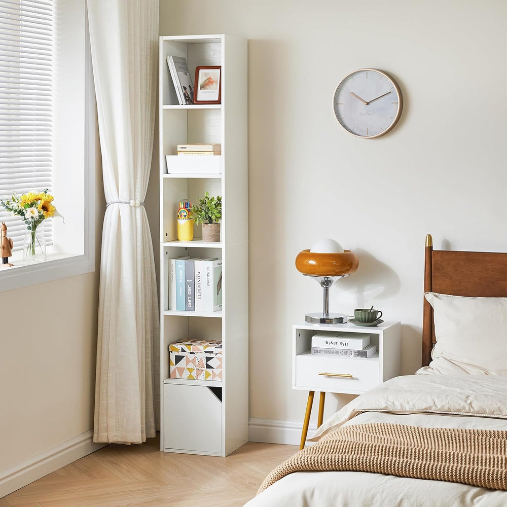IBUYKE 6 Tier Narrow Bookcase with Doors,Display Bookshelf,White WBC001W