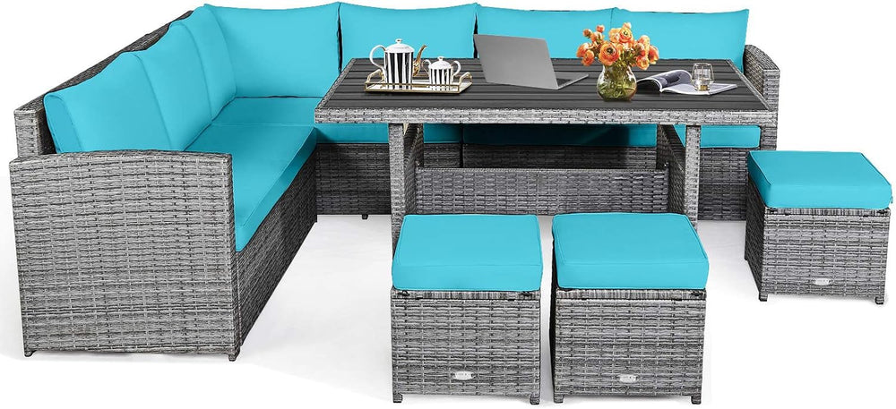 HAPPYGRILL 7 Pieces Rattan Wicker Patio Conversation Set (Turquoise)