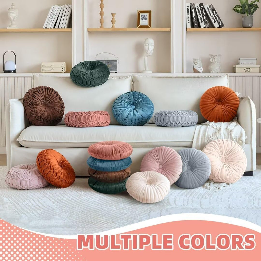 Teieas 2 Pcs Round Throw Pillows Pleated Velvet Pumpkin Round Pillows