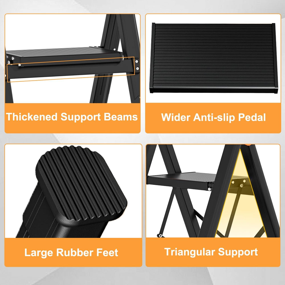 3 Step Ladder with Single-Handrail, Aluminum Step Stool Foldable (Yellow)