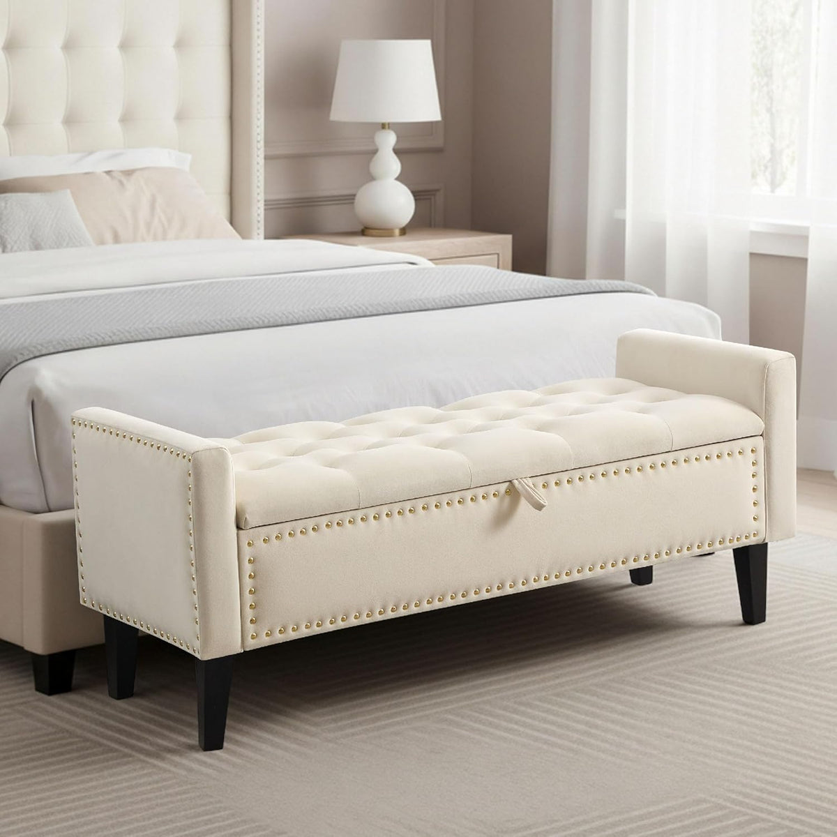 47in Velvet Storage Ottoman Bench with Arms, Upholstered Storage Bench with Wooden Legs, Storage Bench for Bedroom, Living Room, Beige