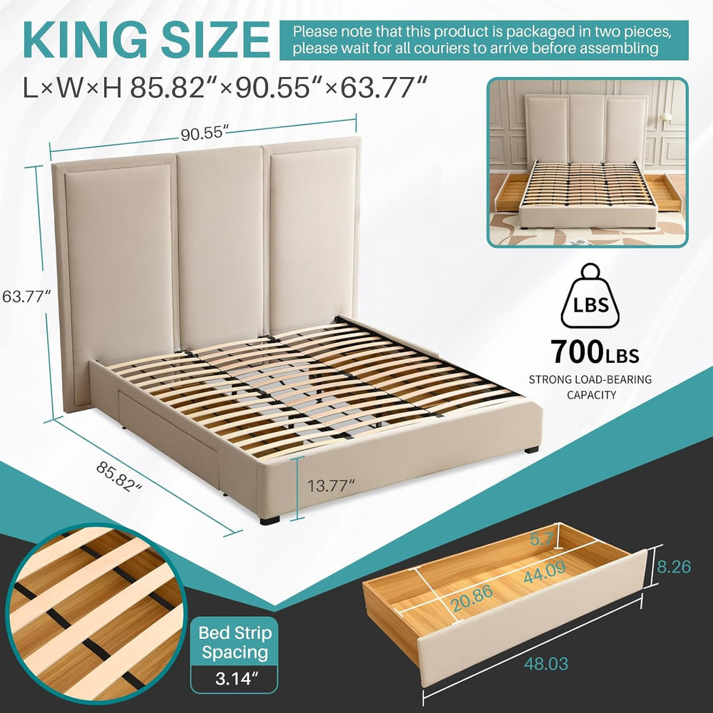 YUHUASHI King Storage Drawers Bed with 64" Upholstered Headboard，Beige