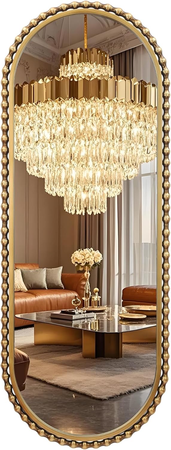20"x53" Oval Full Length Wall Mirror, Unique Bold Beaded Frame