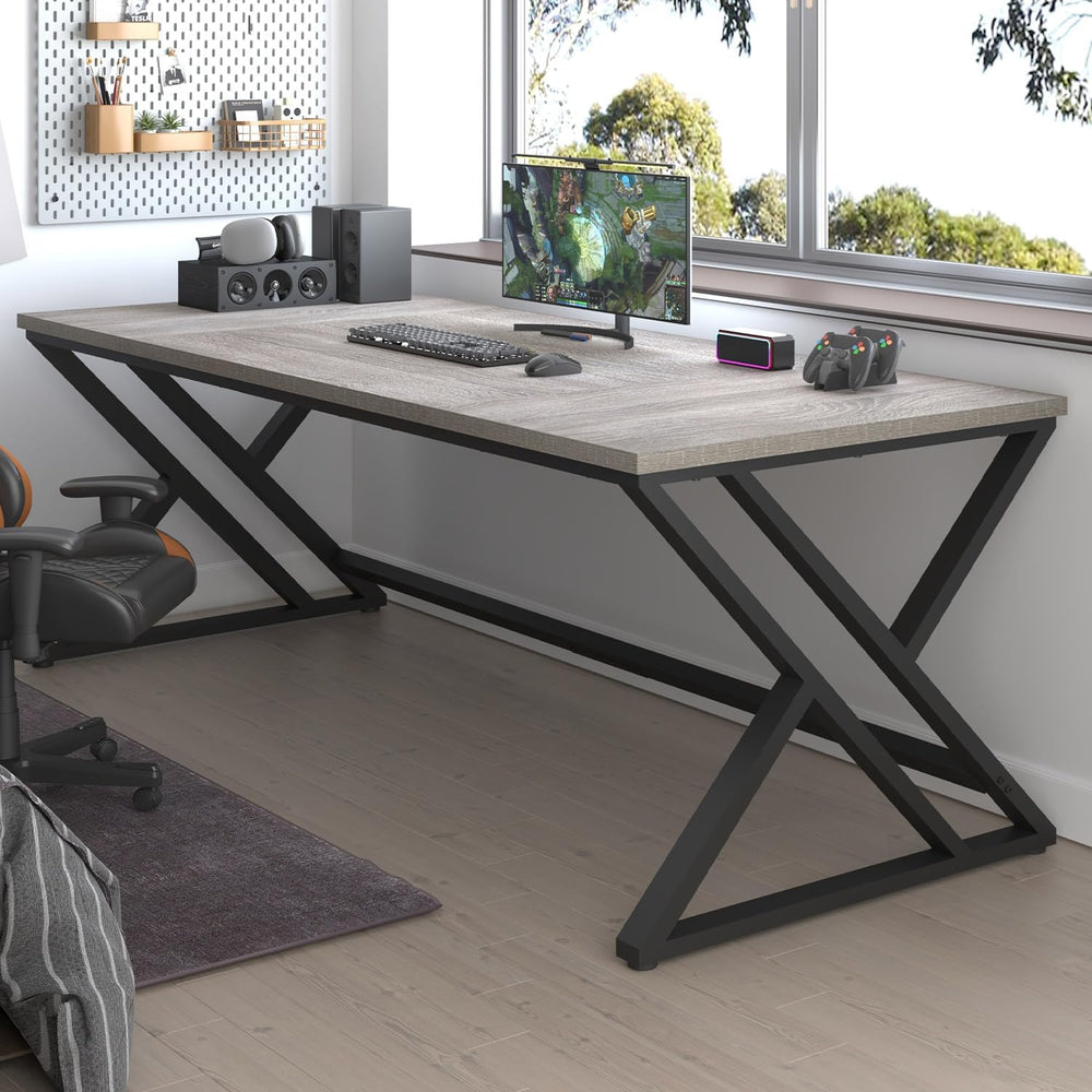 LVB Modern Long Office Desk, Large Wood Computer Desk Light Grey Oak 79 in