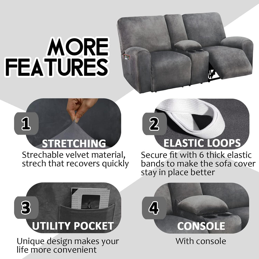 ULTICOR Reclining Loveseat with Middle Console Slipcover, 8-Piece Velvet Stre...