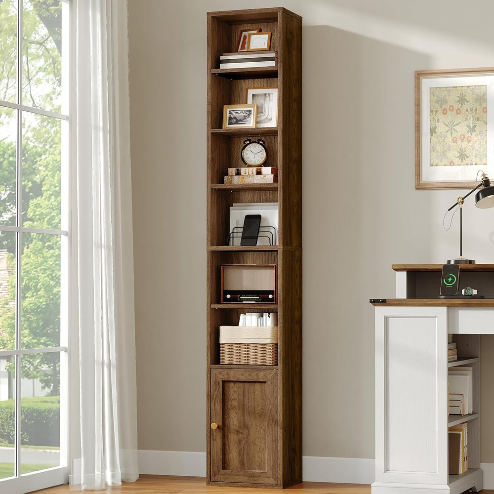 RALGEND 7-Tier Tall Narrow Bookshelf with Door, DVD Media Tower Rack