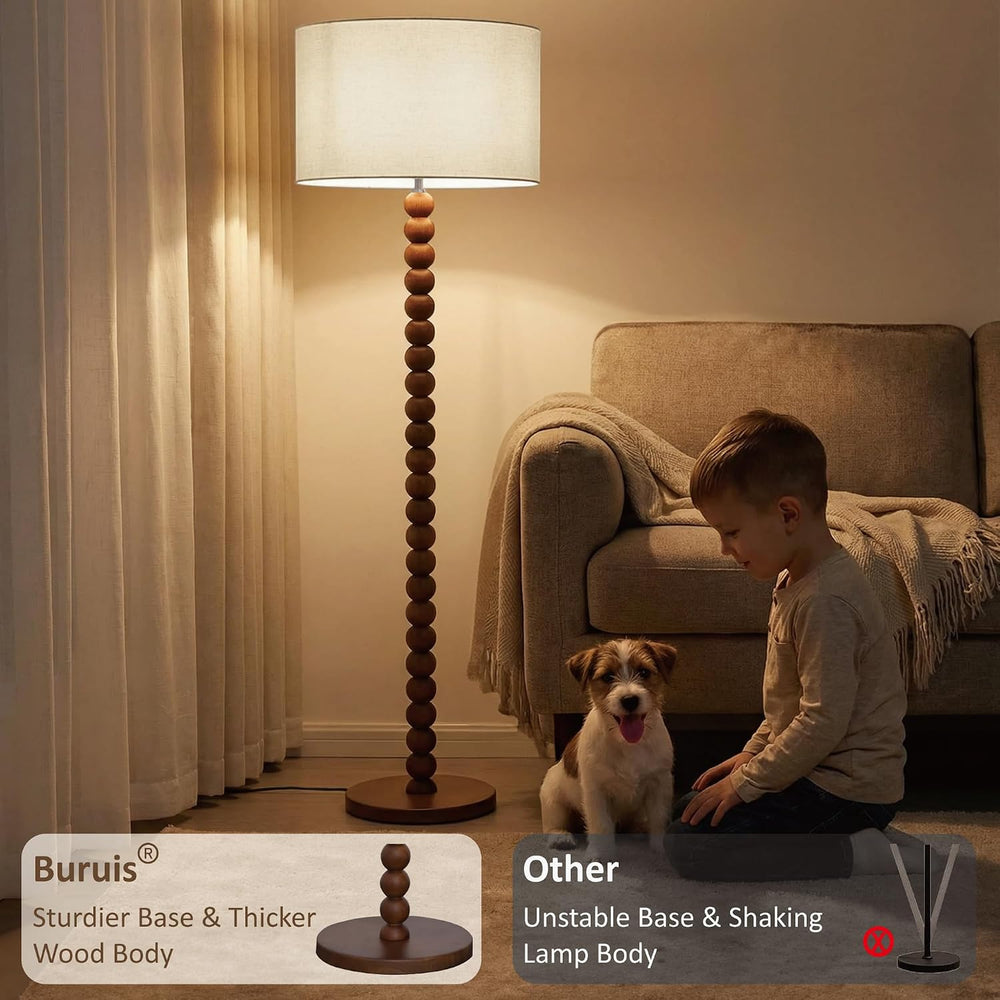Buruis 60.6 Inch Beaded Walnut Wood Floor Lamp with Linen Shade, Cream
