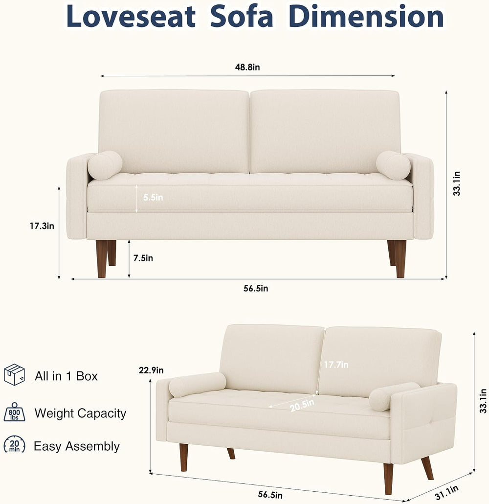 HIFIT 57" Loveseat Sofa Couch, Modern Chenille Couch for Living Room, Beige