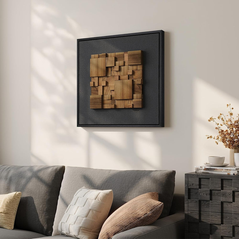 Framed 3D Textured Wood Wall Art for Living Room, Abstract Geometric 20x20