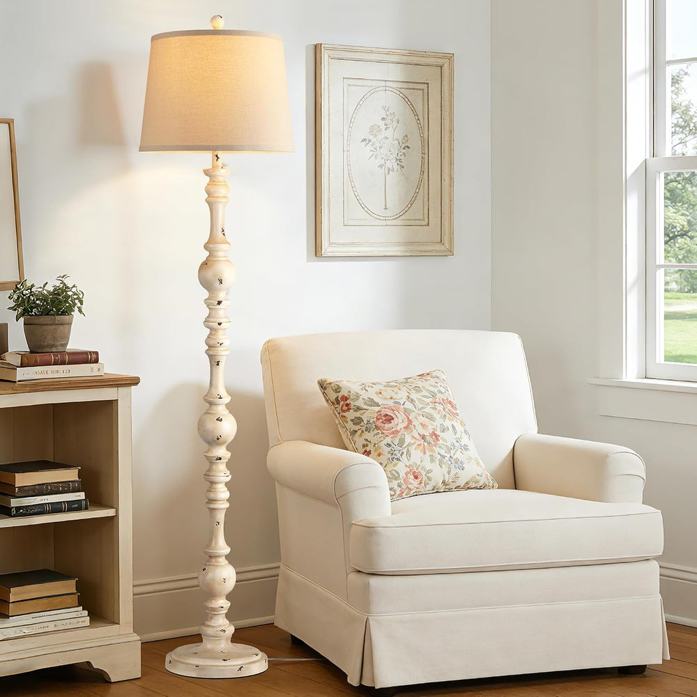 QiMH 61" Vintage Floor Lamp for Living Room, Farmhouse Lamps, Shabby White