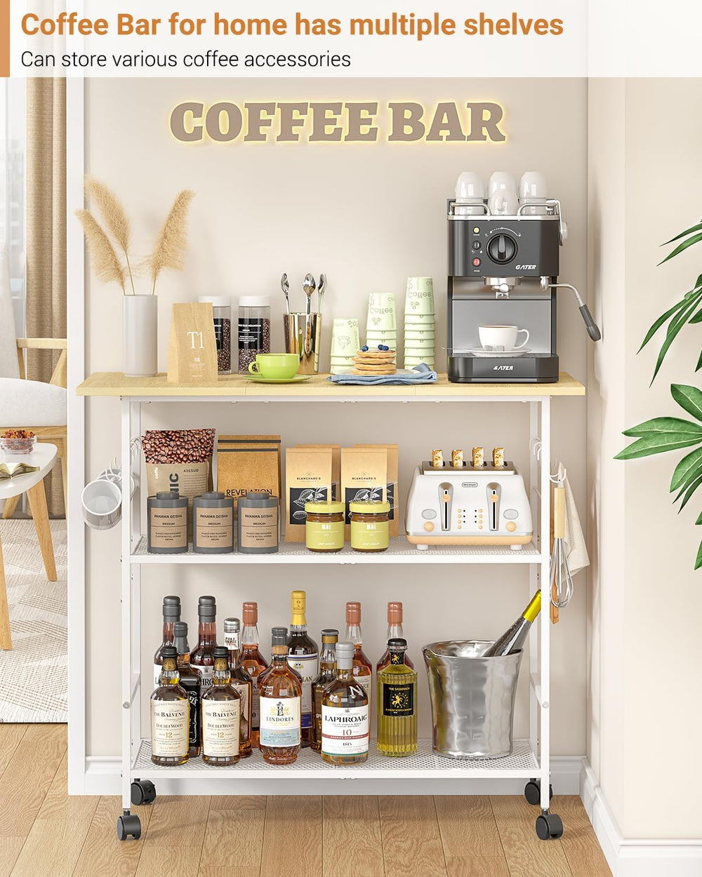 Kitchen Island with 3 Shelves, Rolling Kitchen Cart with 6 Hooks and Protecti...