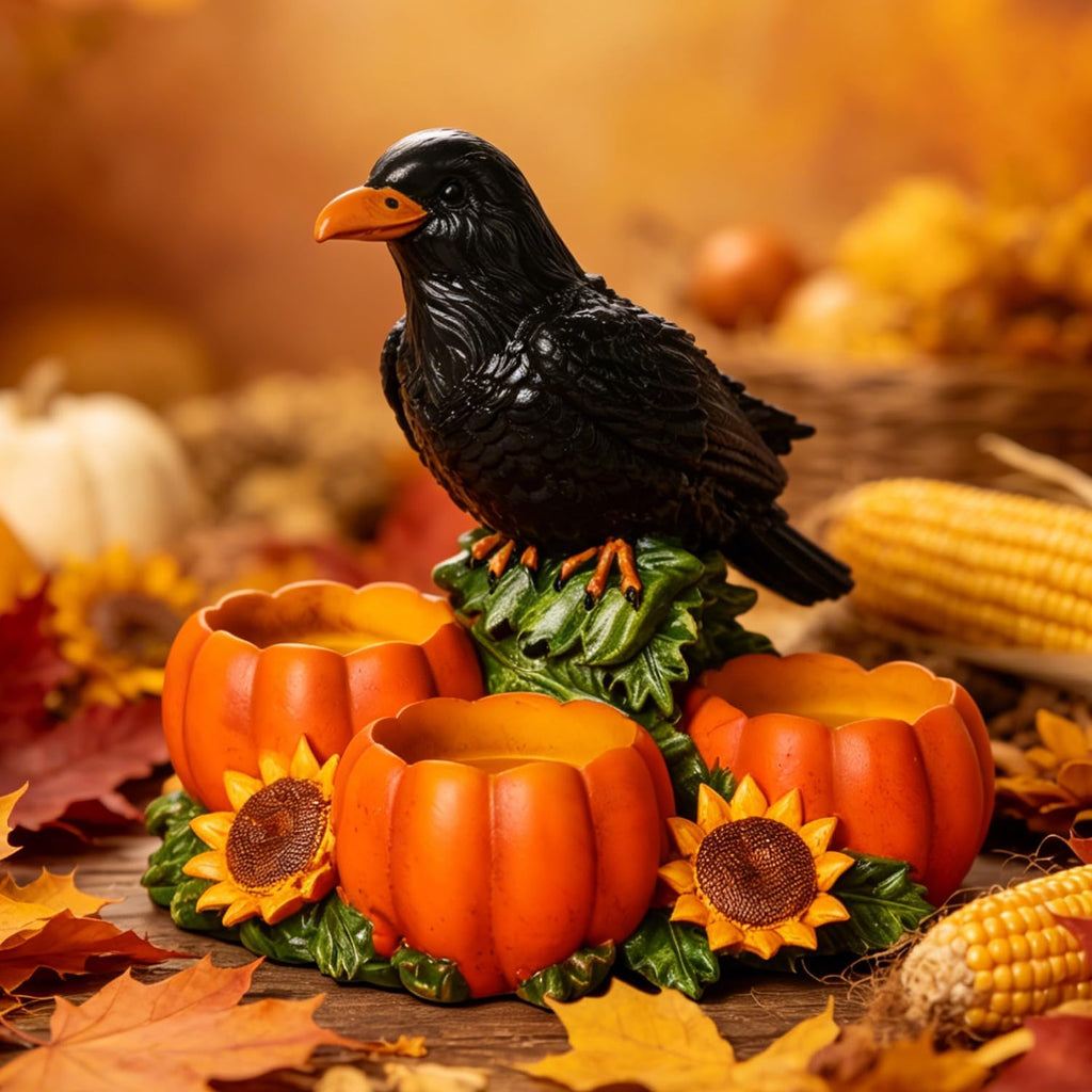 Halloween Raven Candle Holder with 3 Pumpkin Tealight Holders
