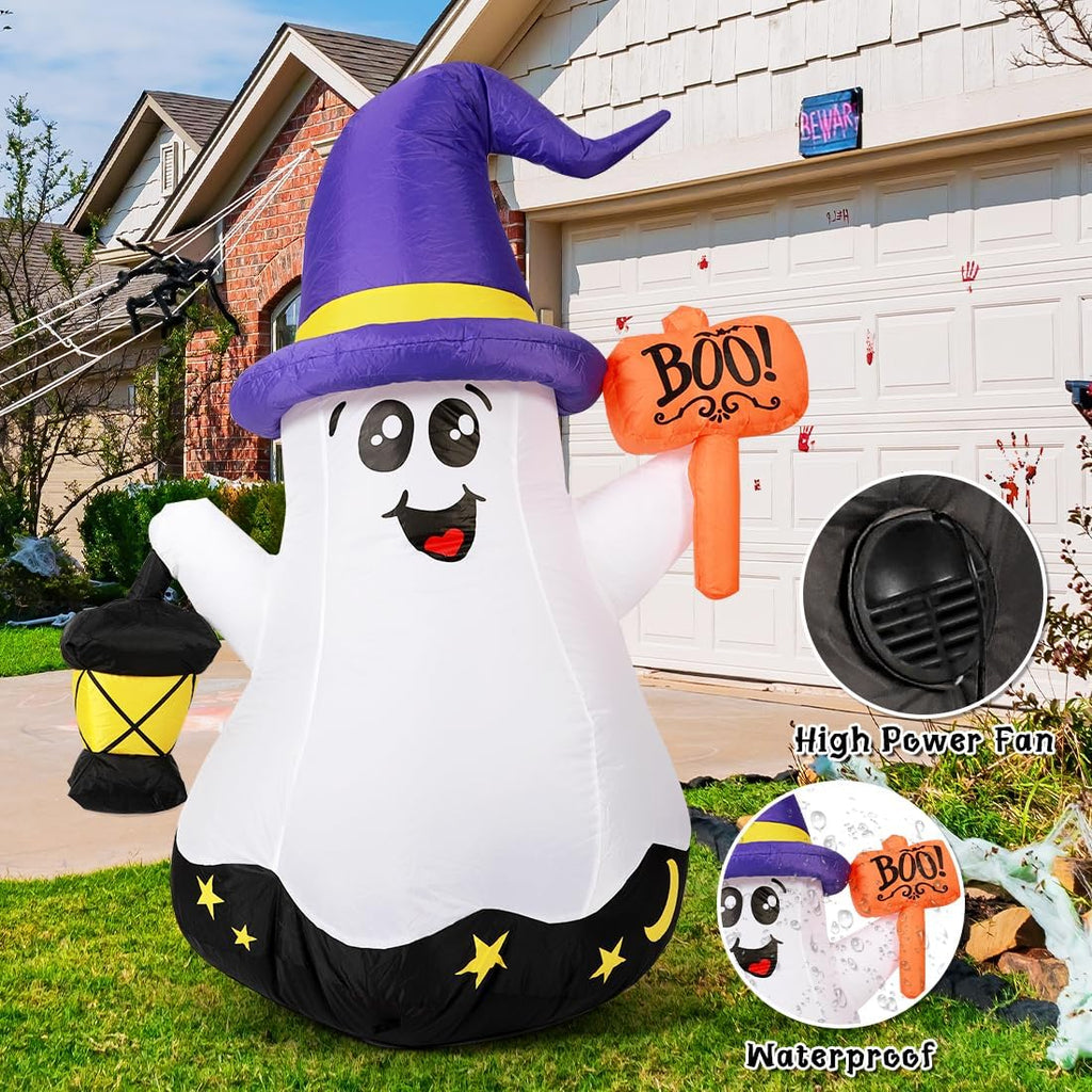 GOOSH 5 FT Halloween Inflatables Ghost Outdoor Decorations Blow Up Yard Cute Wizard Ghost with Hand-Held Light with Built-in LEDs for Garden Lawn Indoor Party Decor
