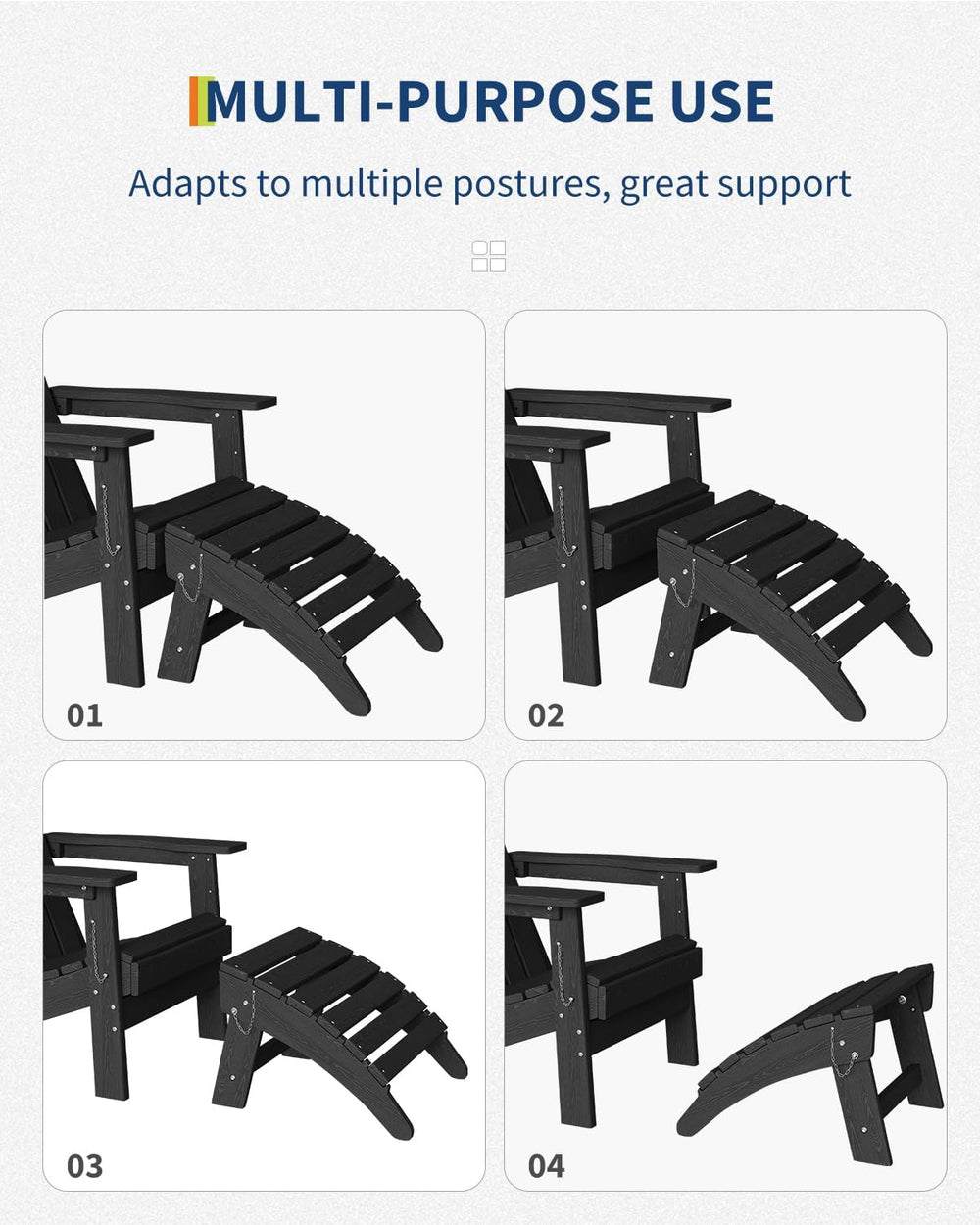 Garvee Folding Adirondack Ottoman, HDPE Footrest for Oudoor Chair, Black