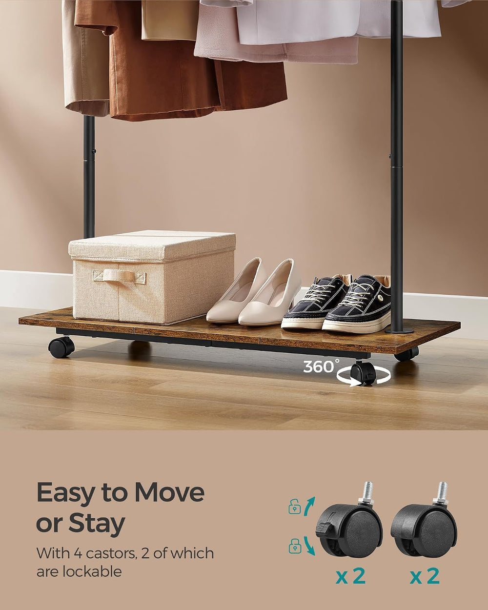 SONGMICS Clothes Rack with Wheels, Metal Garment Rack with Shelf