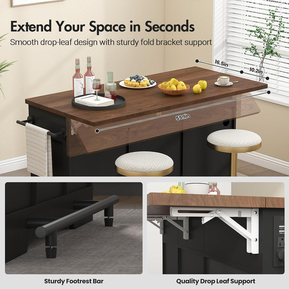 Kikihouse 55" Kitchen Island Table with Power Outlet & Drop Leaf, Black
