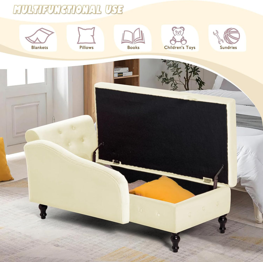Velvet Chaise Lounge w/Right Armrest & Storage Space, Beige