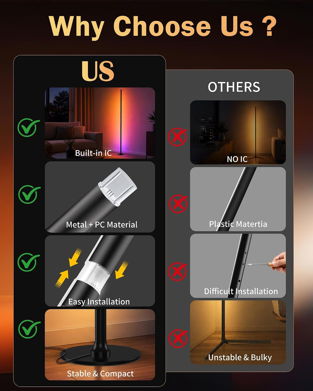63" H RGB Floor Lamp, Smart Led Corner Lamp with Music Sync