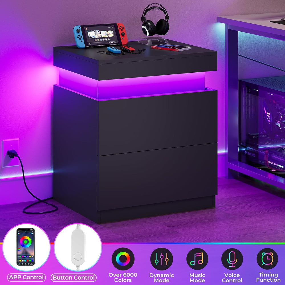 ADORNEVE Small Nightstand with Charging Station and LED Lights,Black