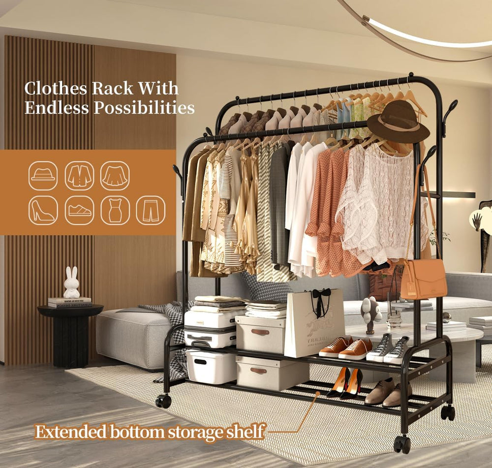 Sturdy Metal Double Rodding Clothes Rack With Wheels, Portable Clothing Rack ...