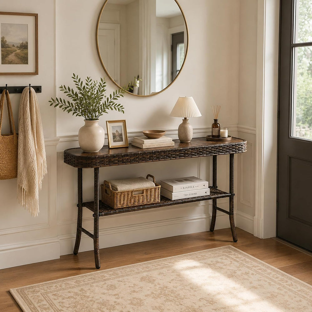 Entryway Table with Storage, 2-Tier 47'' Console Table with Woven Wrap