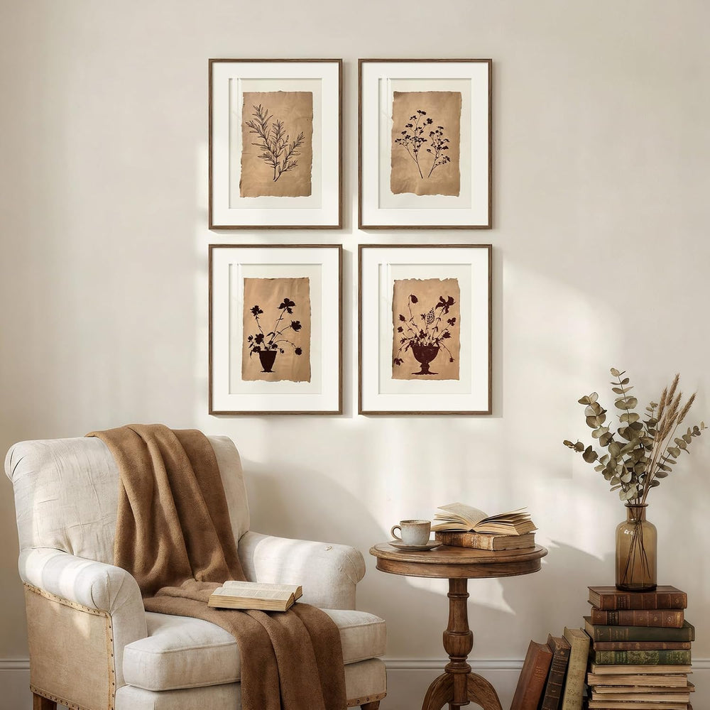 Framed Vintage Botanical Plant Wall Art for Bathroom, 11x14 In 4 Piece