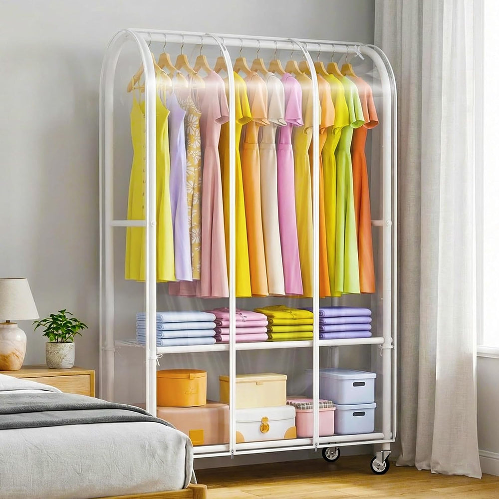 Univivi Rolling Clothes Rack with Clear Dust Cover and Bottom Storage Shelf