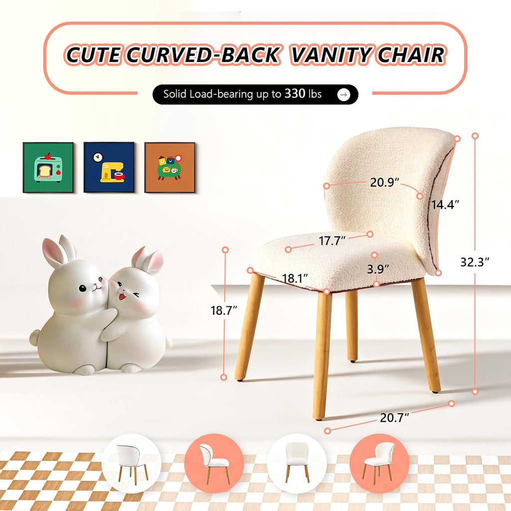 VINGLI Chenille Curved-Back Armless No Wheels Vanity Chair for Girls,Beige