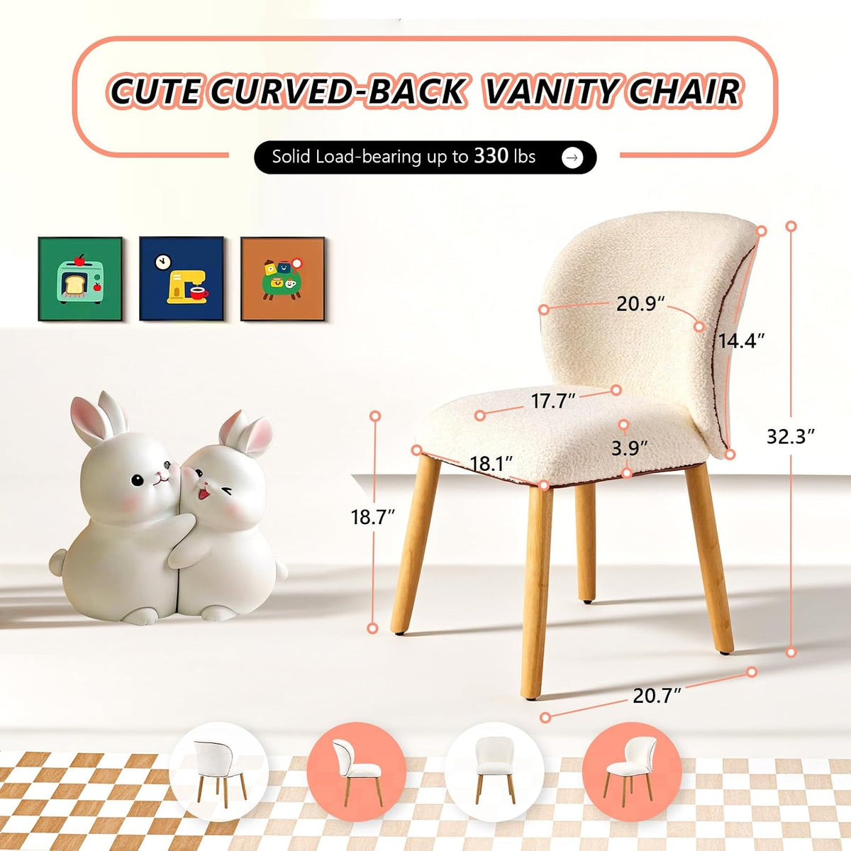VINGLI Chenille Curved-Back Armless No Wheels Vanity Chair for Girls,Beige