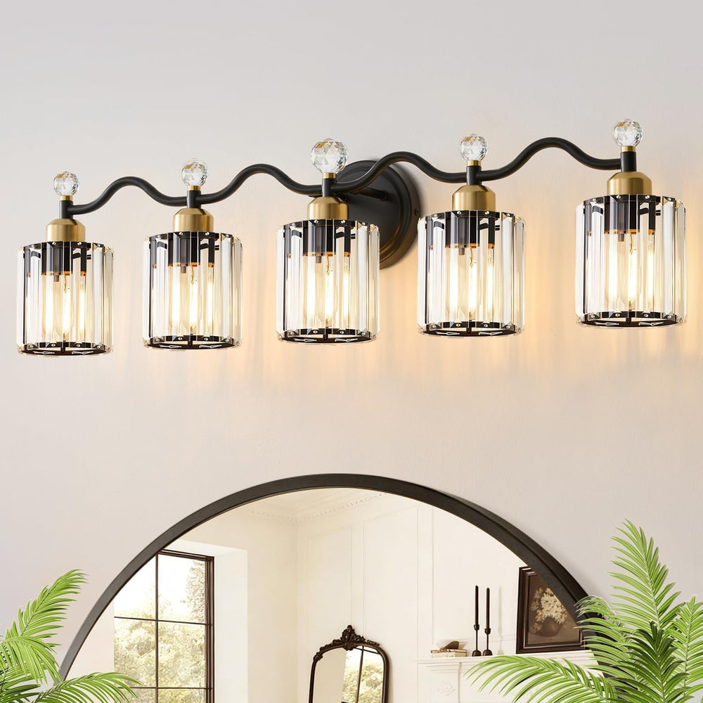 Black&Gold Bathroom Vanity Light Fixtures Over Mirror,5-Light Crystal Bat...