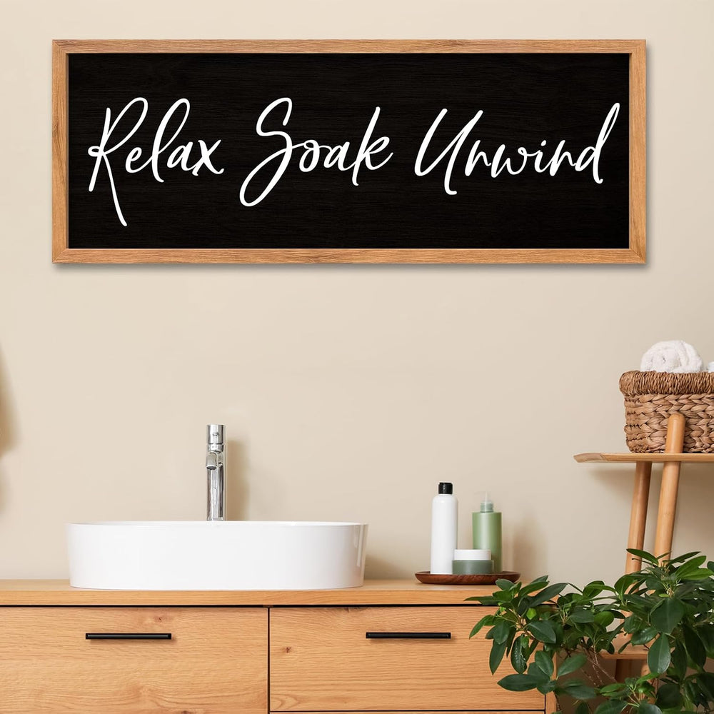 AuraPeak Relax Soak Unwind Sign Bathroom Wall Decor, Wood Black, 32"×12&...