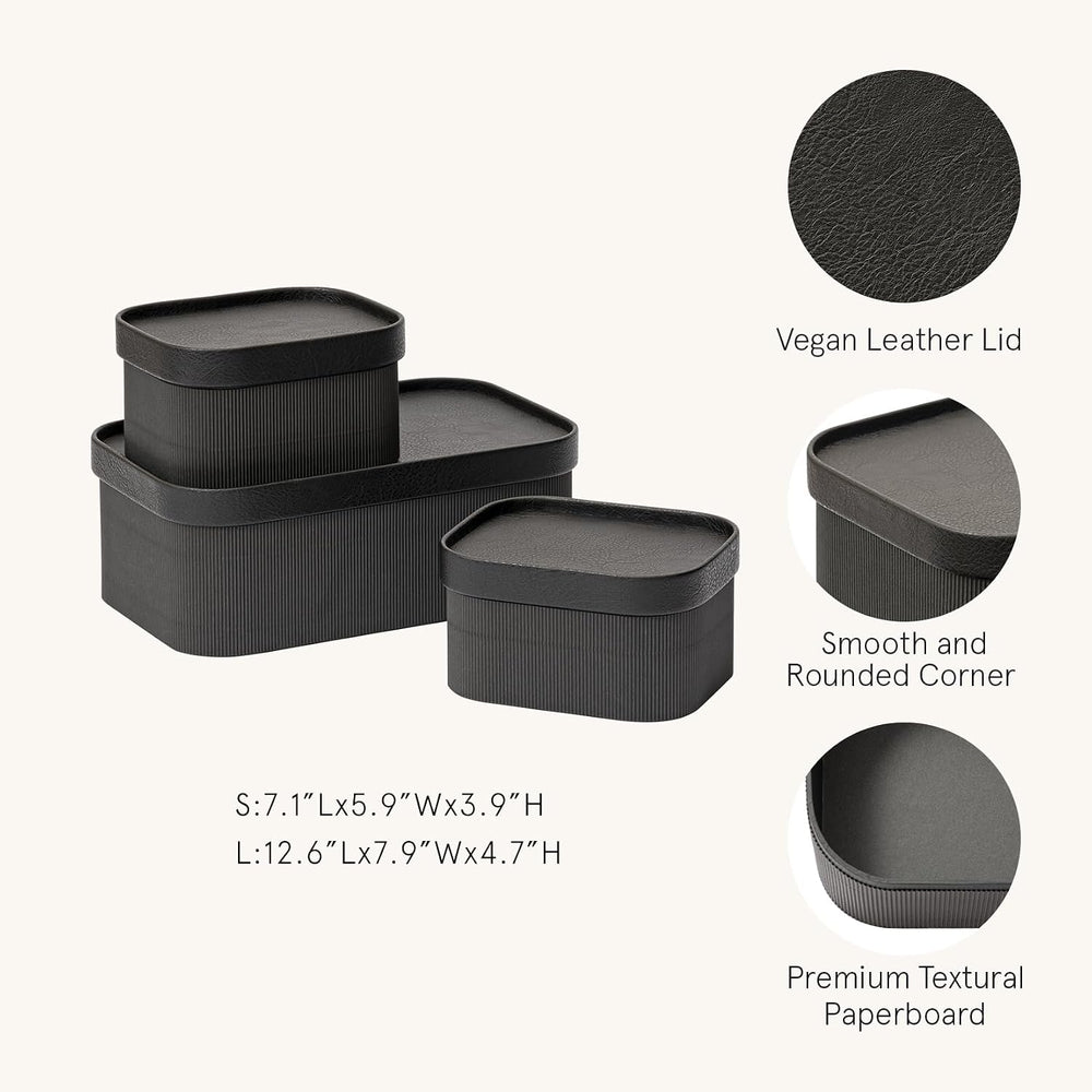 LA JOLIE MUSE Decorative Storage Boxes with Lids Faux Leather, Black 3 Pack