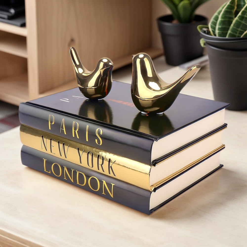 Decorative Books for Home Decor with Gold Bird Statues, 3-Piece Book Set
