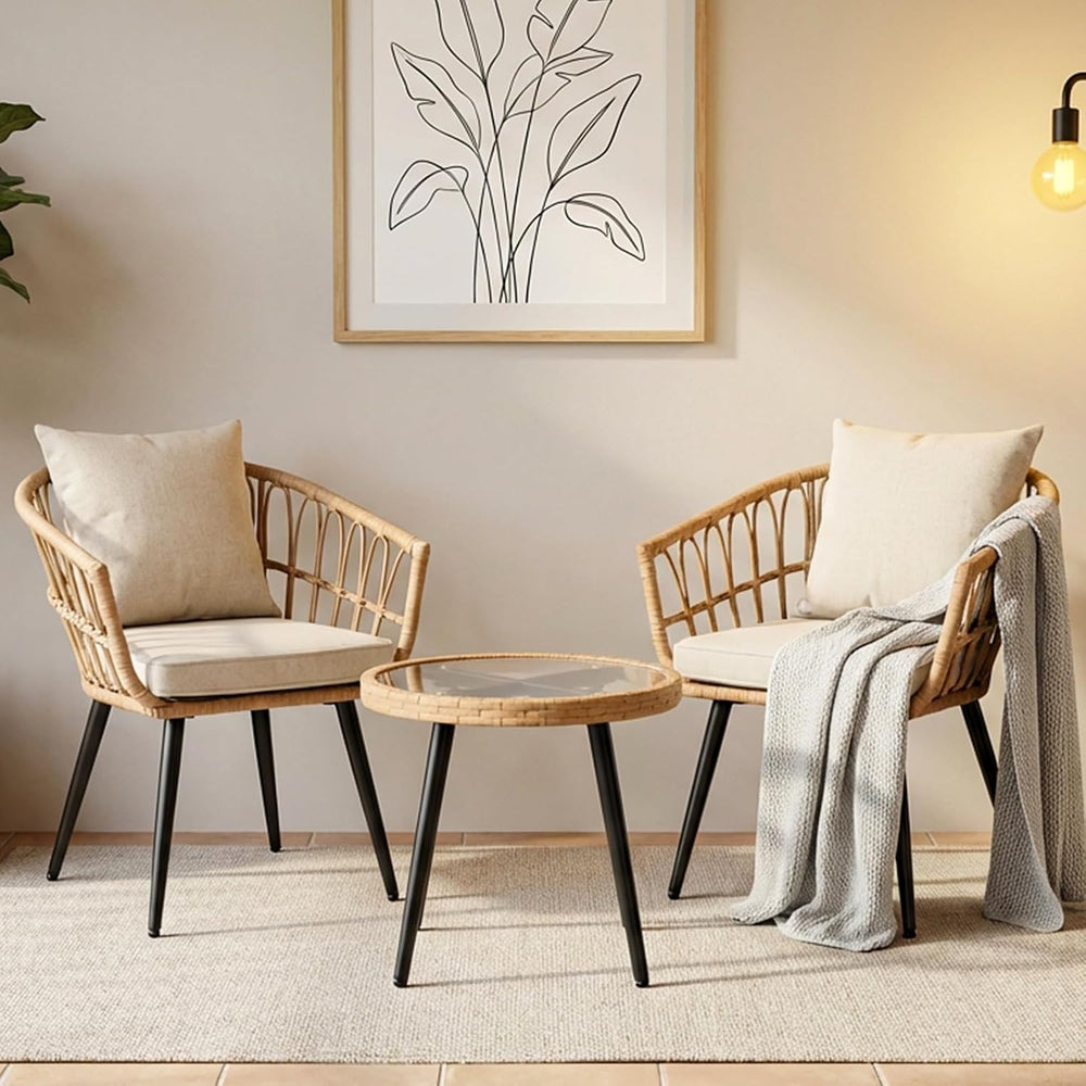 3-Piece Patio Dining Set, Featuring a Round PE Rattan Table and 2 Chairs, Sui...