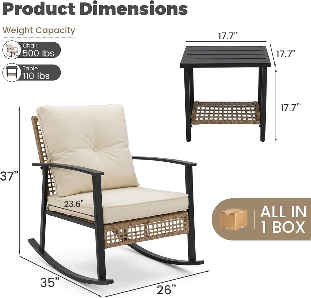 Outdoor Rocking Chairs Set of 2, 3-Piece Bistro Patio Furniture Set with Thic...