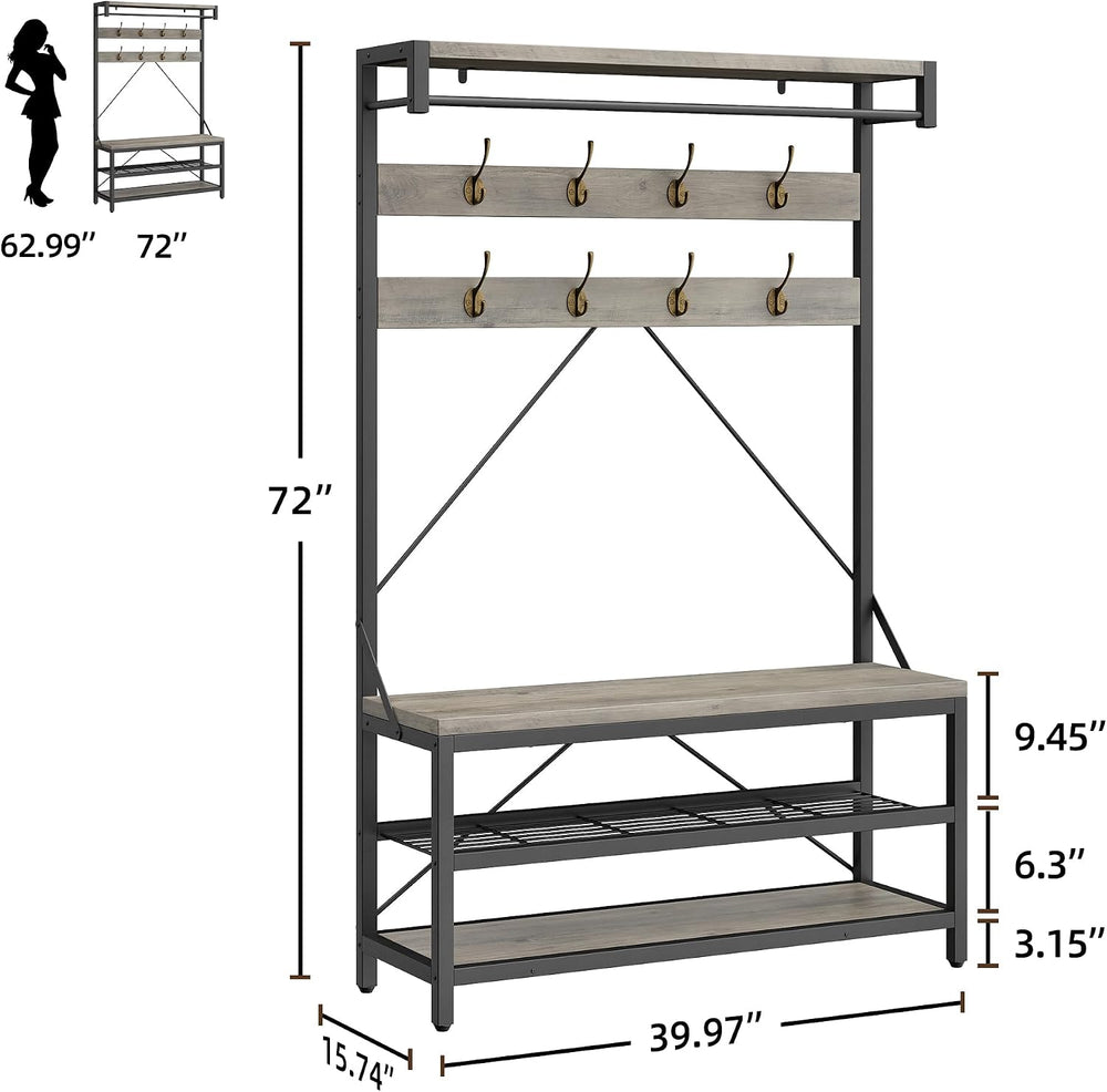 Hall Tree with Bench and Shoe Storage, Entryway Organizer with 8 Hooks