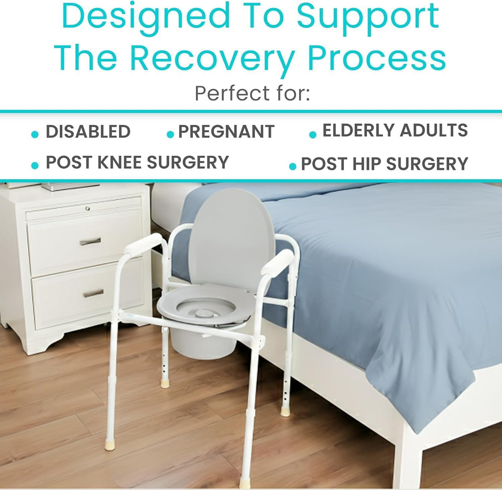 Vive Bedside Commode Toilet Chair (Folding) - 350 lb Capacity, Safety Rail, S...