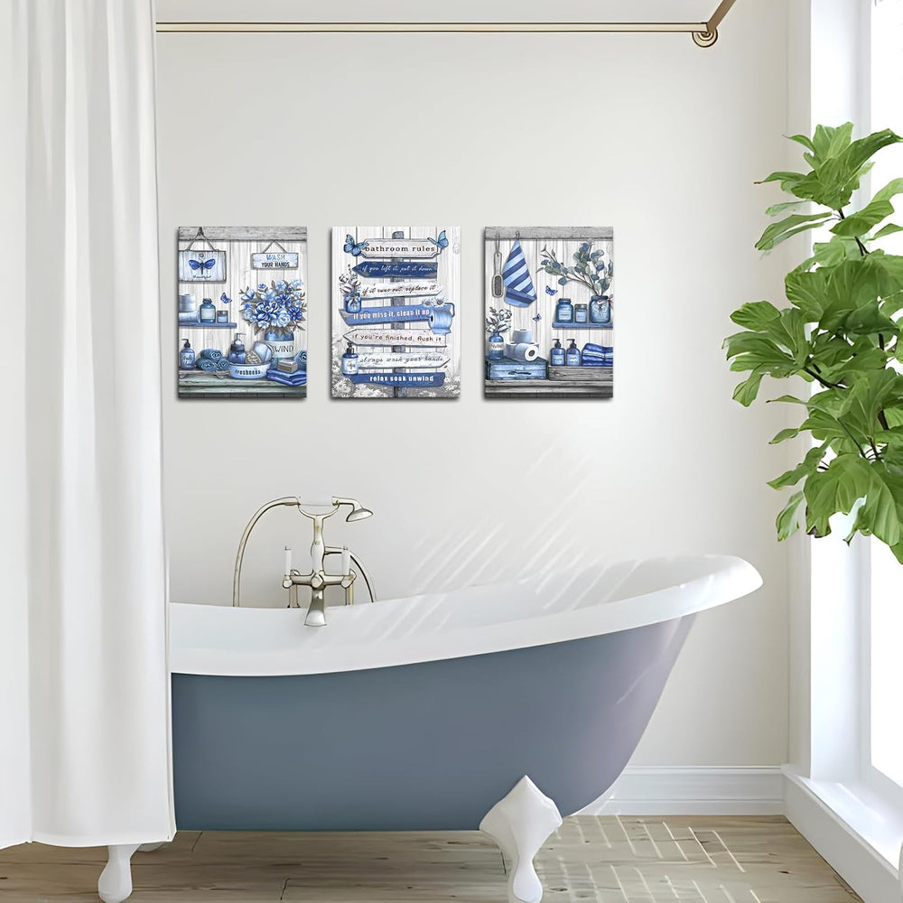 OuElegent Bathroom Wall Art Farmhouse Canvas Navy Blue 12''x16'&#...