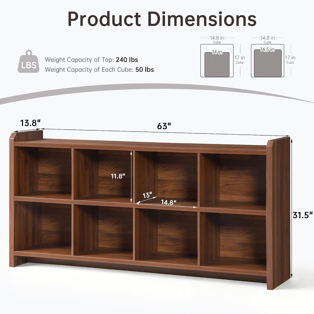 8 Cube Low Storage Organizer, 63" Long Horizontal Bookshelf, Walnut