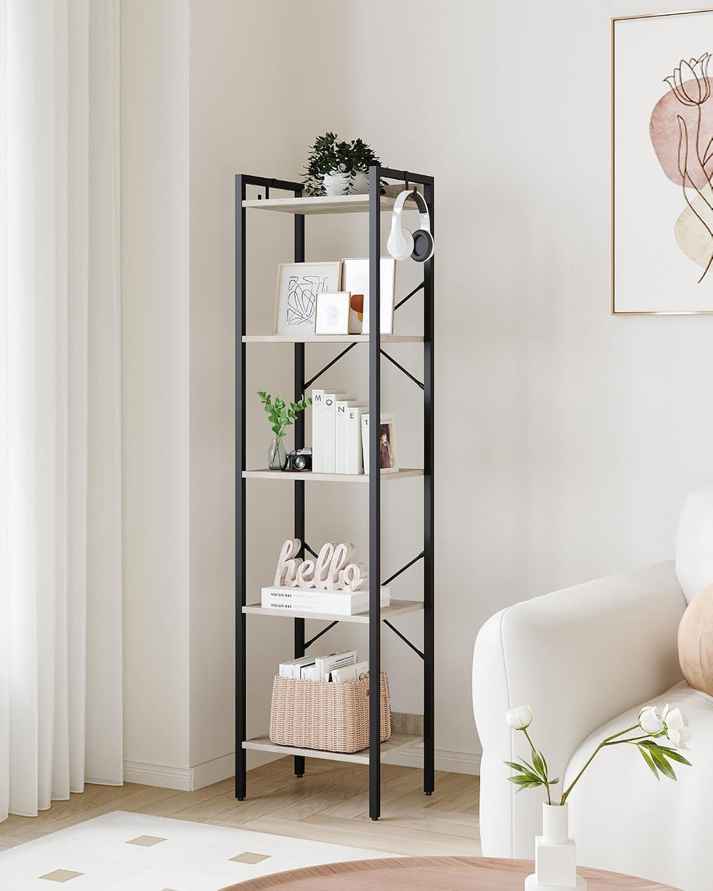 Hzuaneri Bookshelf, Book Shelf, Industrial Bookcase with 2 Hooks